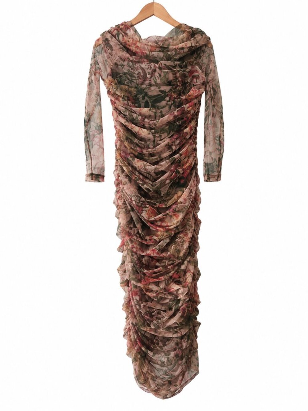 Alieva Olive Floral Ruched Off Shoulder Long Sleeve Bodycon Midi Dress 2XL - Picture 2 of 6